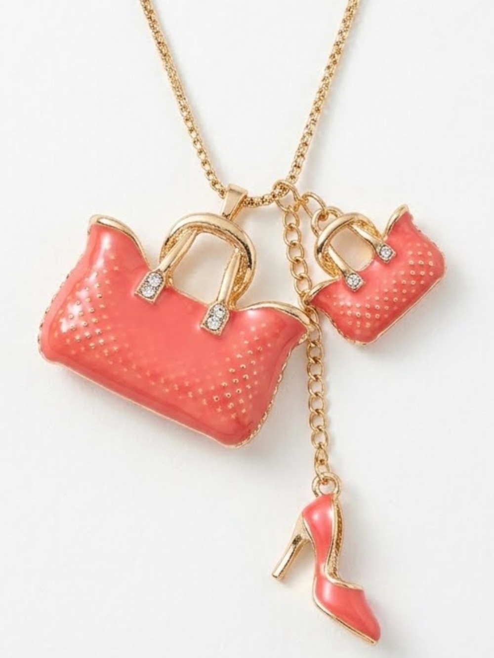 NWOT Coral Pink Enamel & Rhinestone Handbag High Heel Charm Necklace